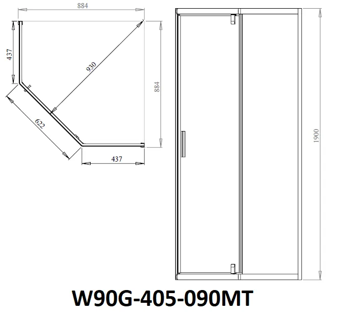 Габаритная схема Душевой уголок AM.PM Gem W90G-405-090MT