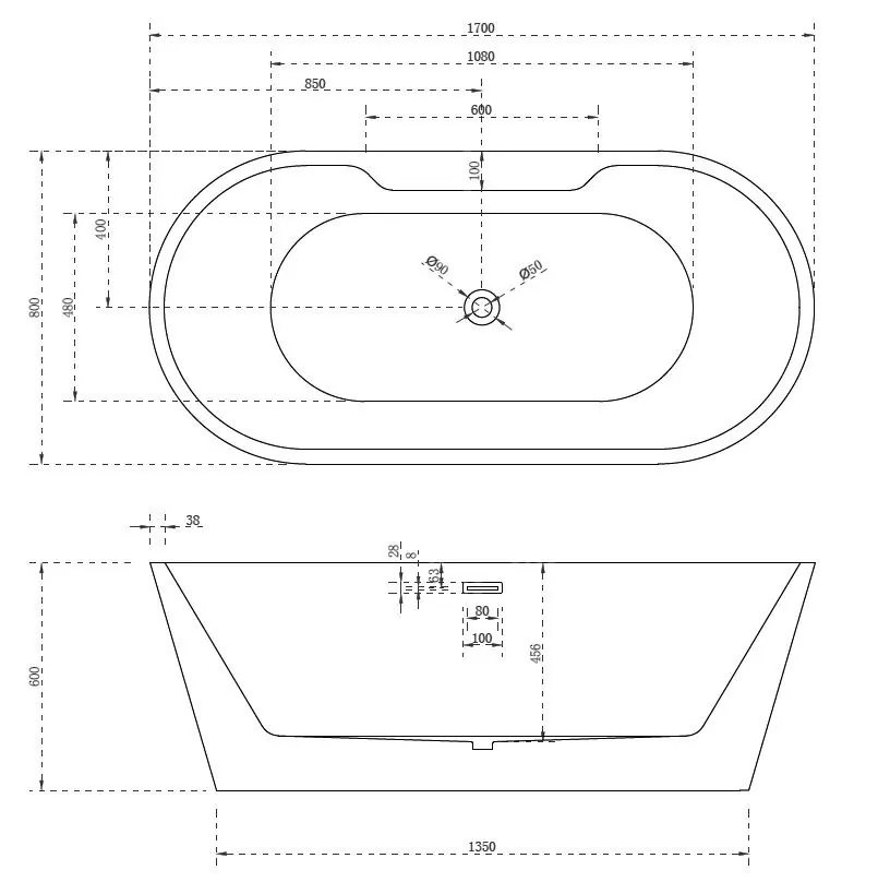 Габаритная схема Акриловая ванна Abber AB9299-1.7 170х80