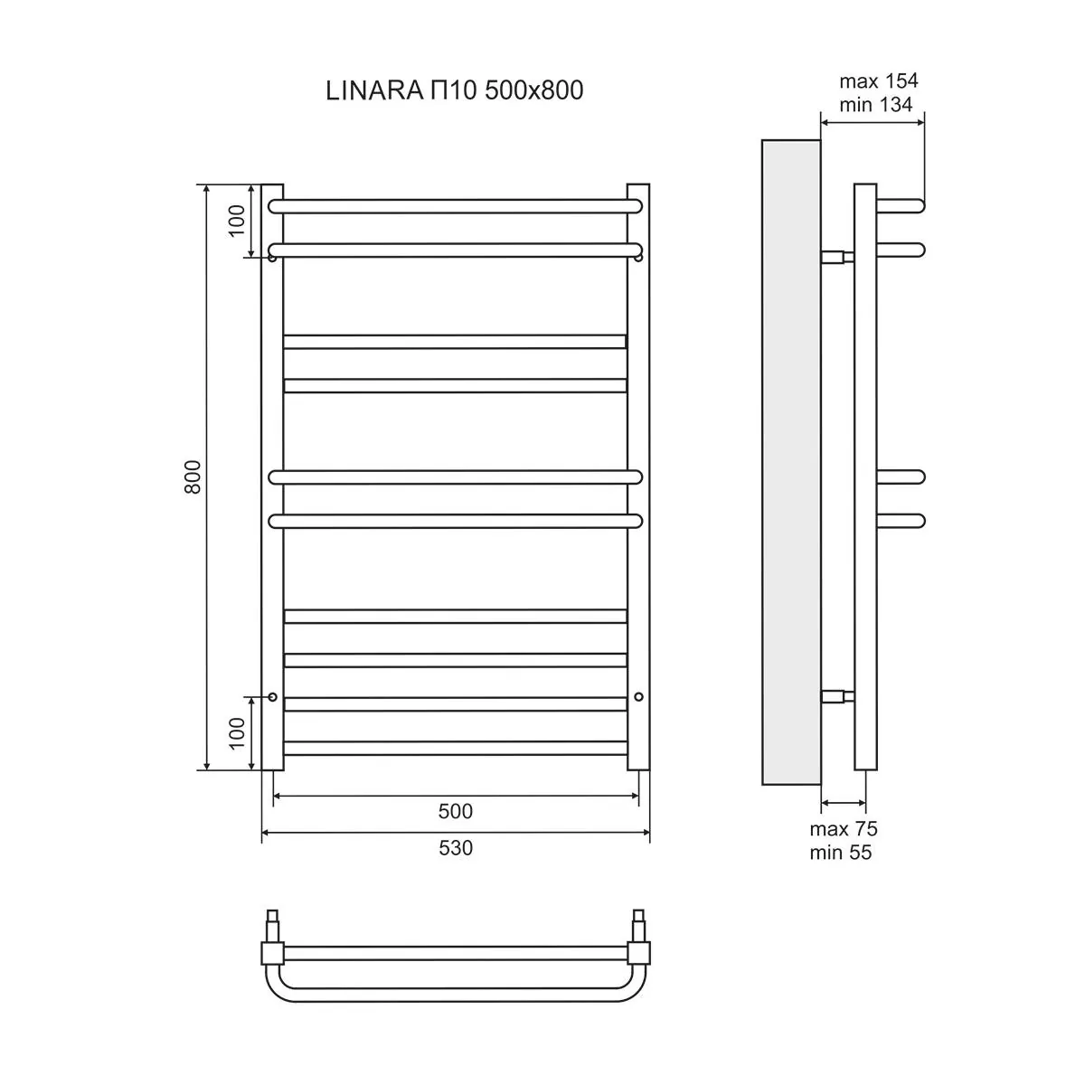 Габаритная схема Полотенцесушитель водяной Lemark Linara П10 50x80