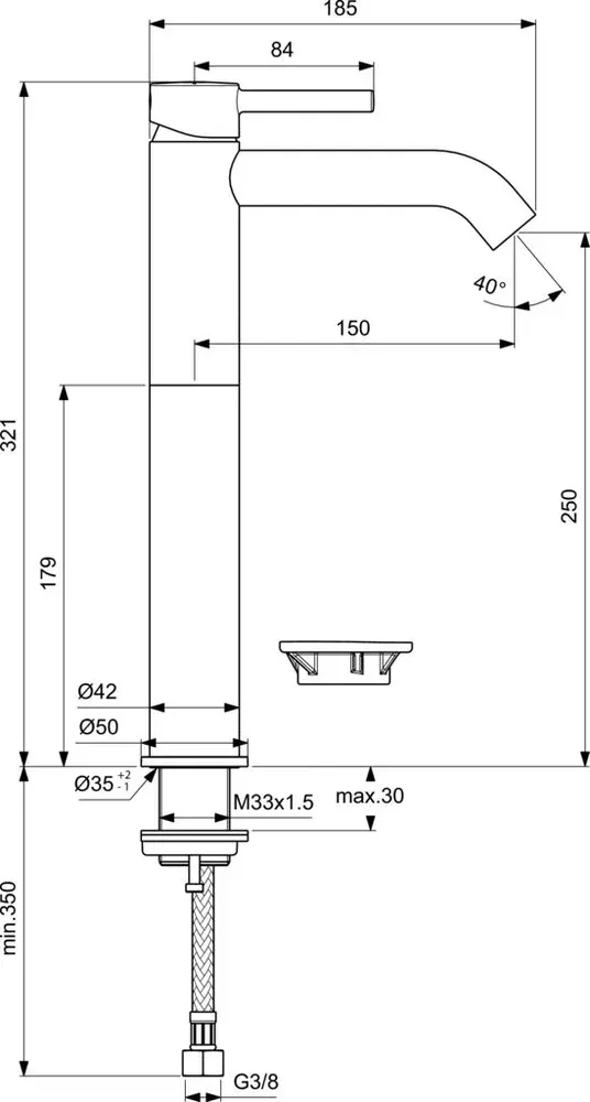 Габаритная схема Смеситель Ideal Standard Ceraline BC269XG для раковины