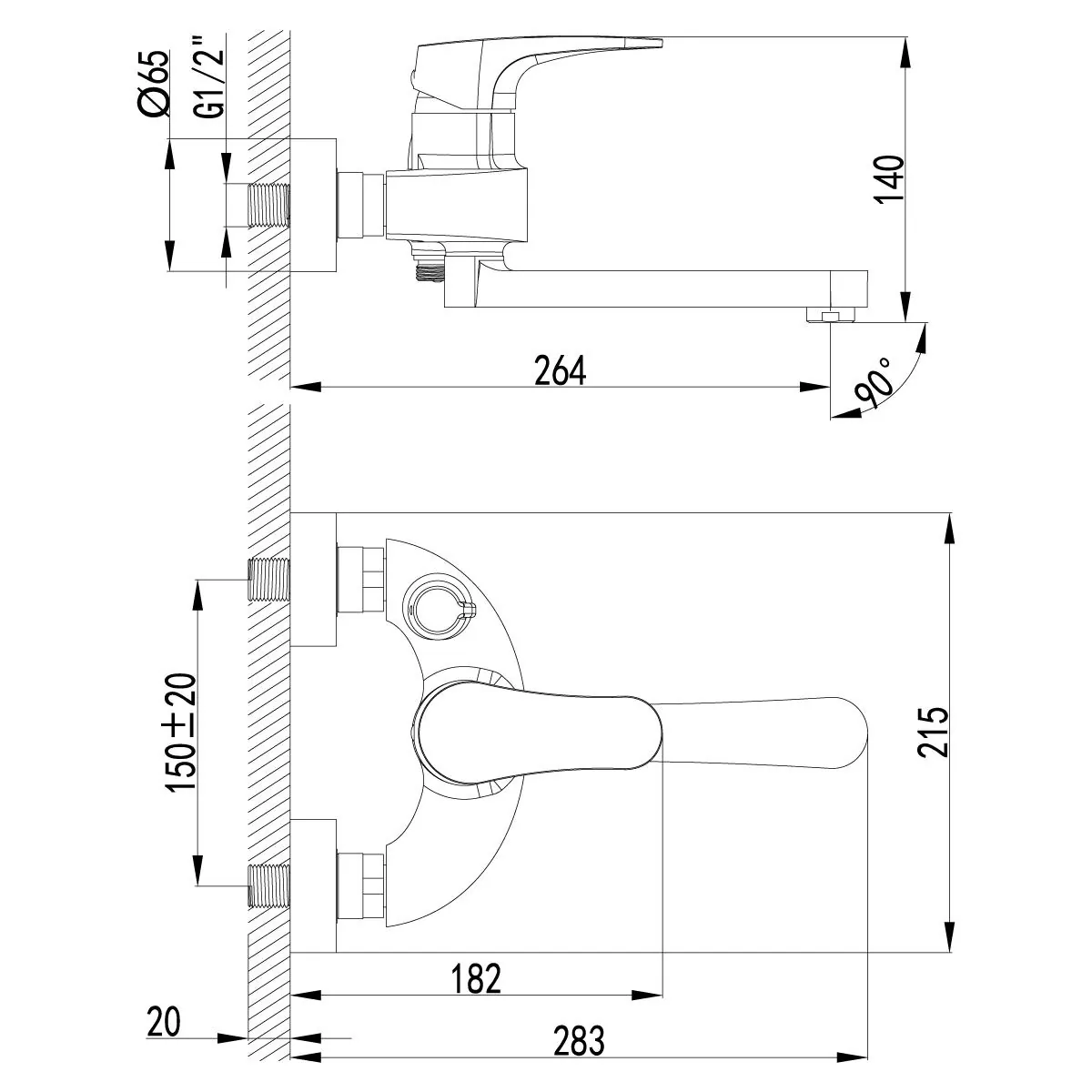 Габаритная схема Смеситель Lemark Shift LM4314C для ванны с душем