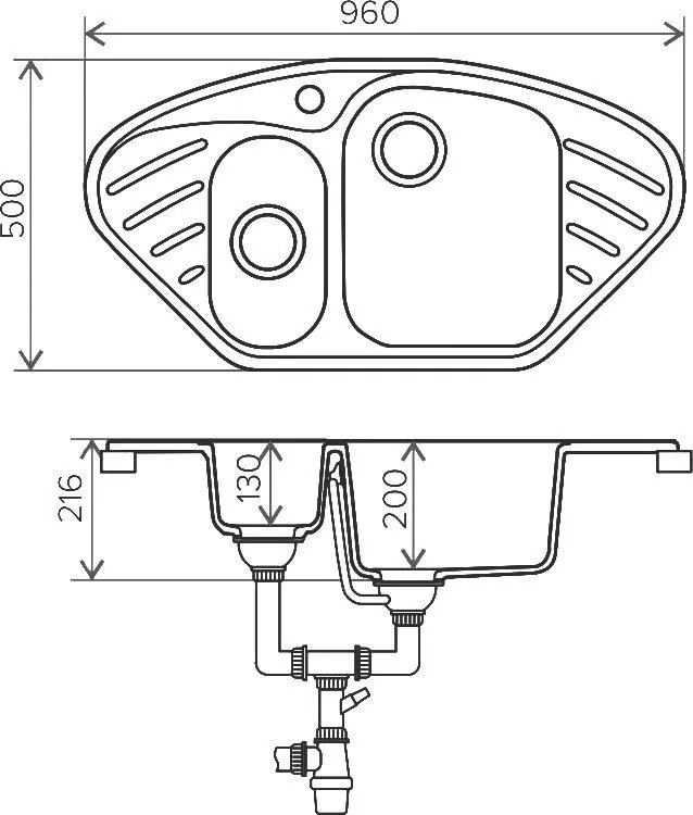Габаритная схема Мойка кухонная Polygran F-14 96х50 белая №26