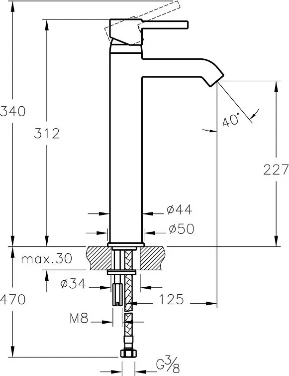 Габаритная схема Смеситель Vitra Minimax S A41990EXP для раковины