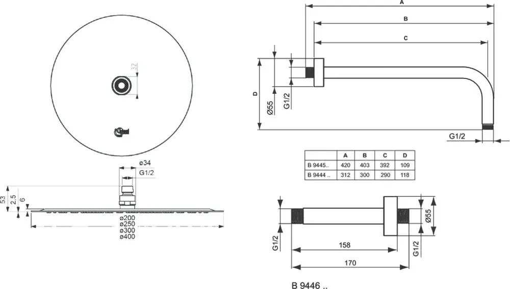 Габаритная схема Душевой комплект Ideal Standard Ceraterm BD006XC с внутренней частью