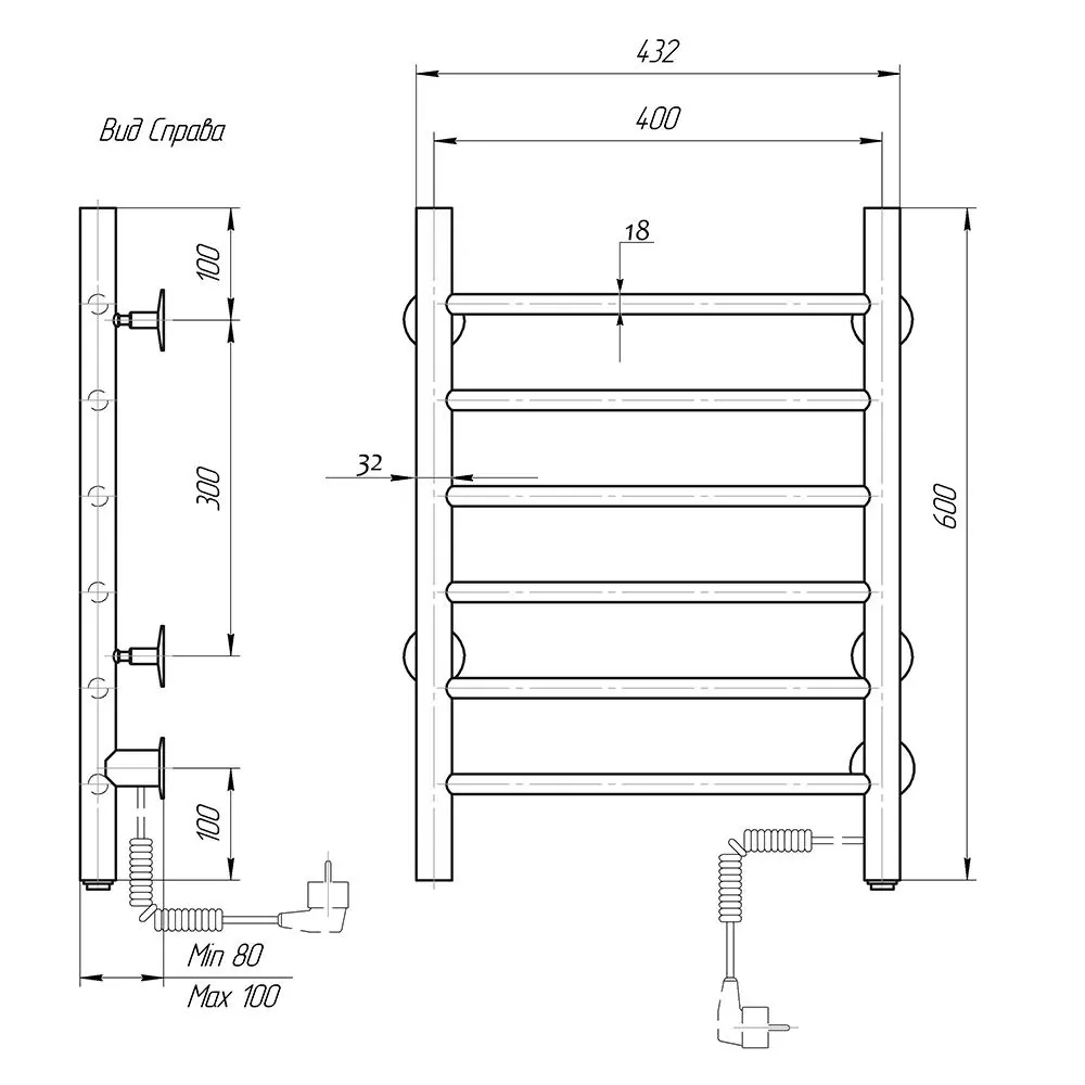Габаритная схема Полотенцесушитель электрический Domoterm Аврора 40x60 R