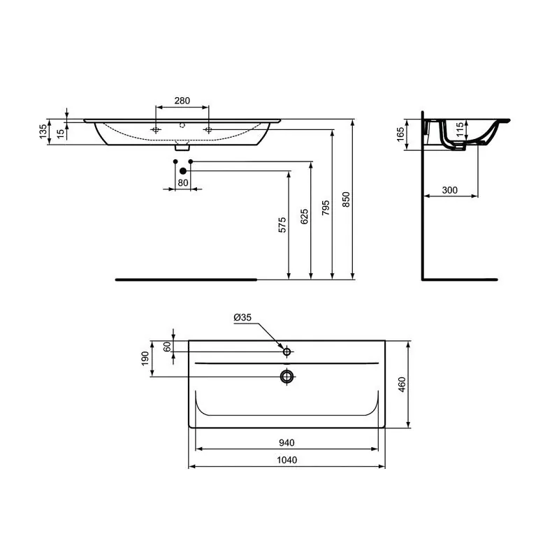 Габаритная схема Раковина Ideal Standard Connect Air E027401 100 см
