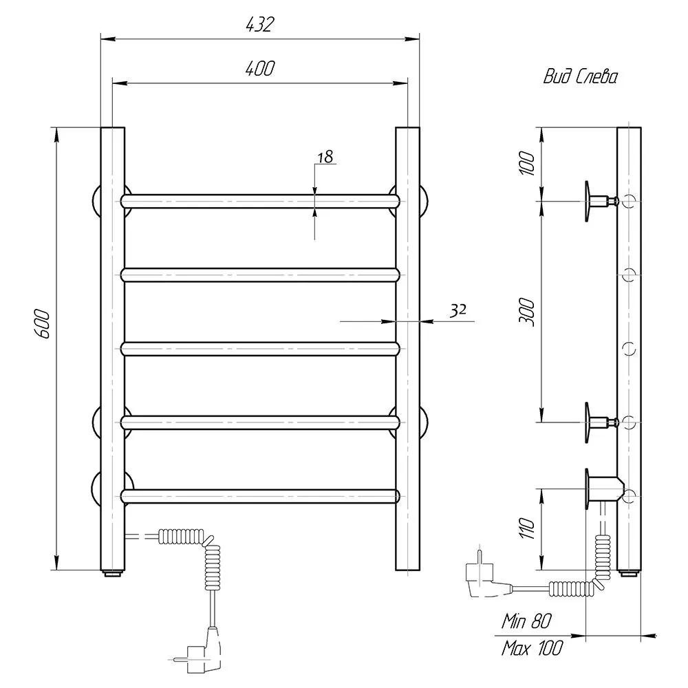 Габаритная схема Полотенцесушитель электрический Domoterm Классик 40x60 L