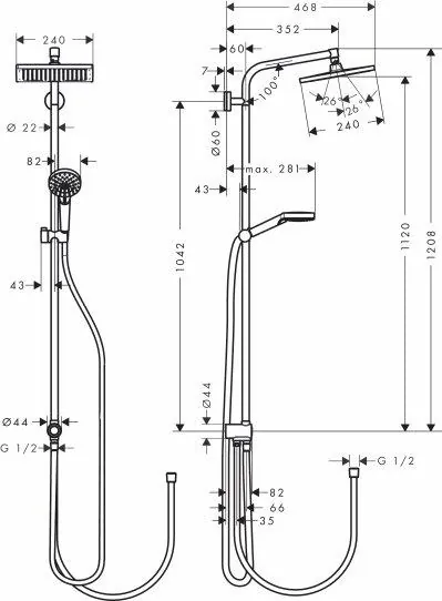 Габаритная схема Душевая стойка Hansgrohe Crometta E EcoSmart 27289000