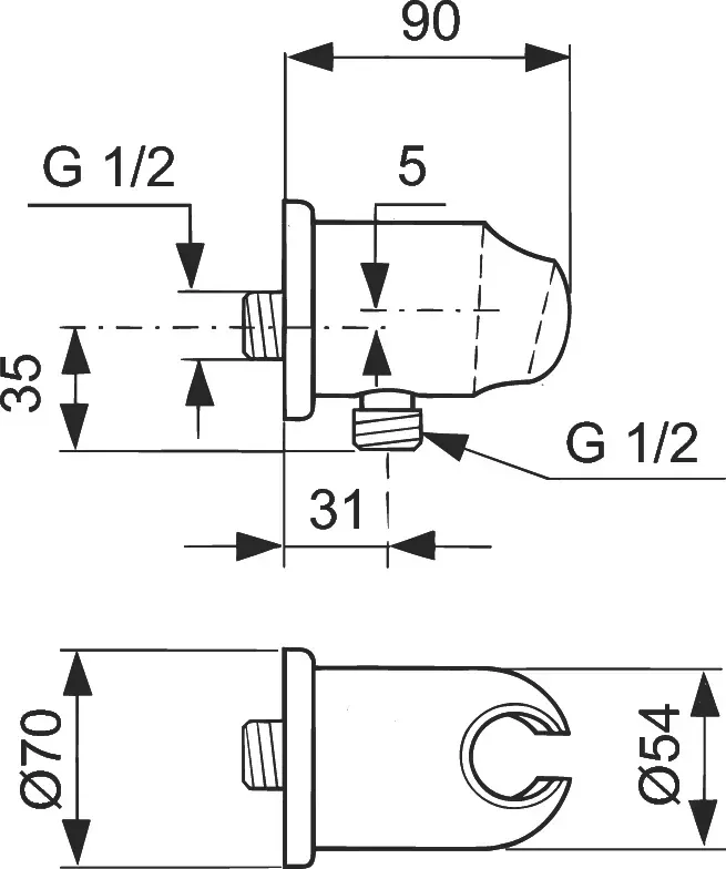 Габаритная схема Душевой комплект Ideal Standard Alpha BD003AA с внутренней частью