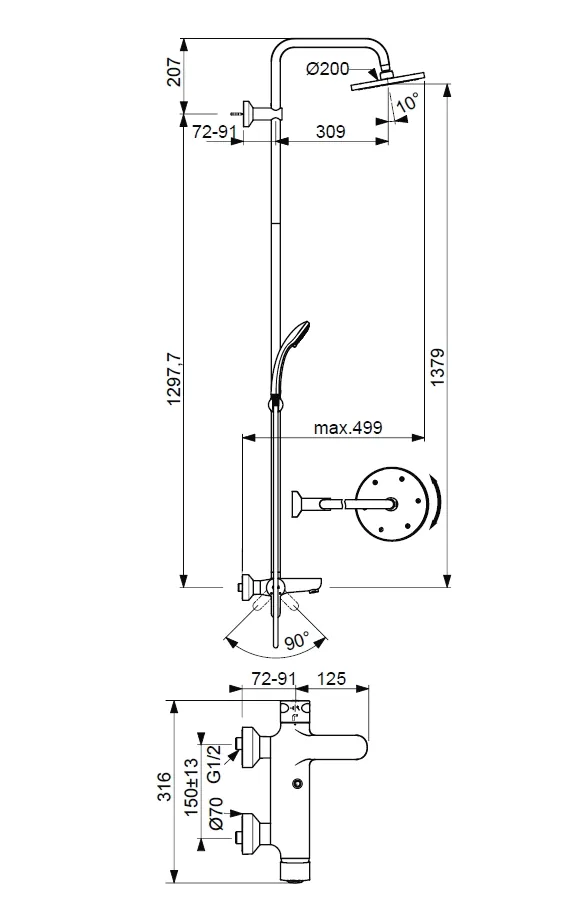 Габаритная схема Душевая стойка Ideal Standard IdealRain Eco B1377AA