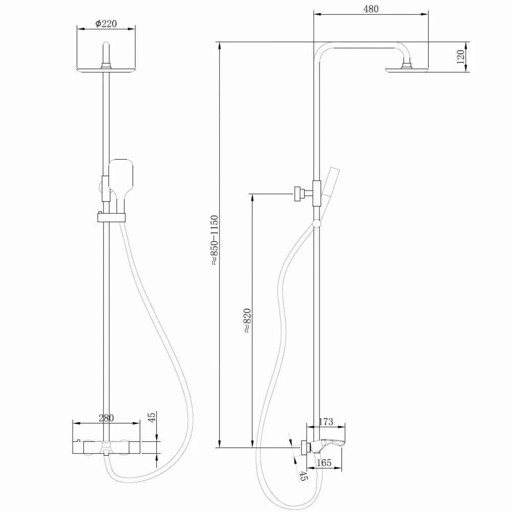 Габаритная схема Душевая стойка Abber Thermostat AF8516NG никель