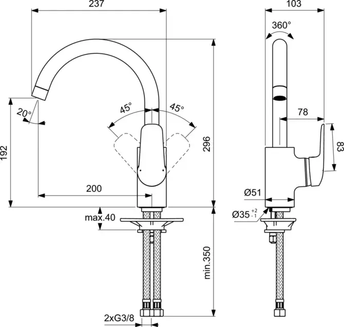 Габаритная схема Смеситель Ideal Standard Ceraflex B1727AA для кухонной мойки