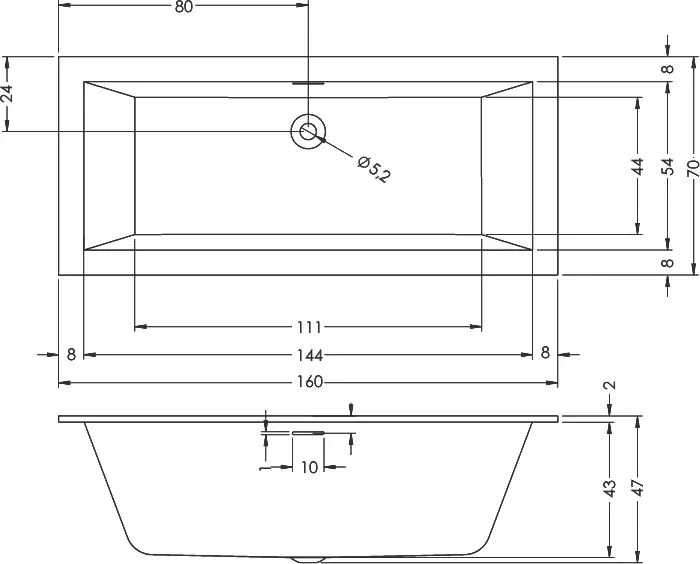 Габаритная схема Акриловая ванна Riho Rething Cubic 160х70