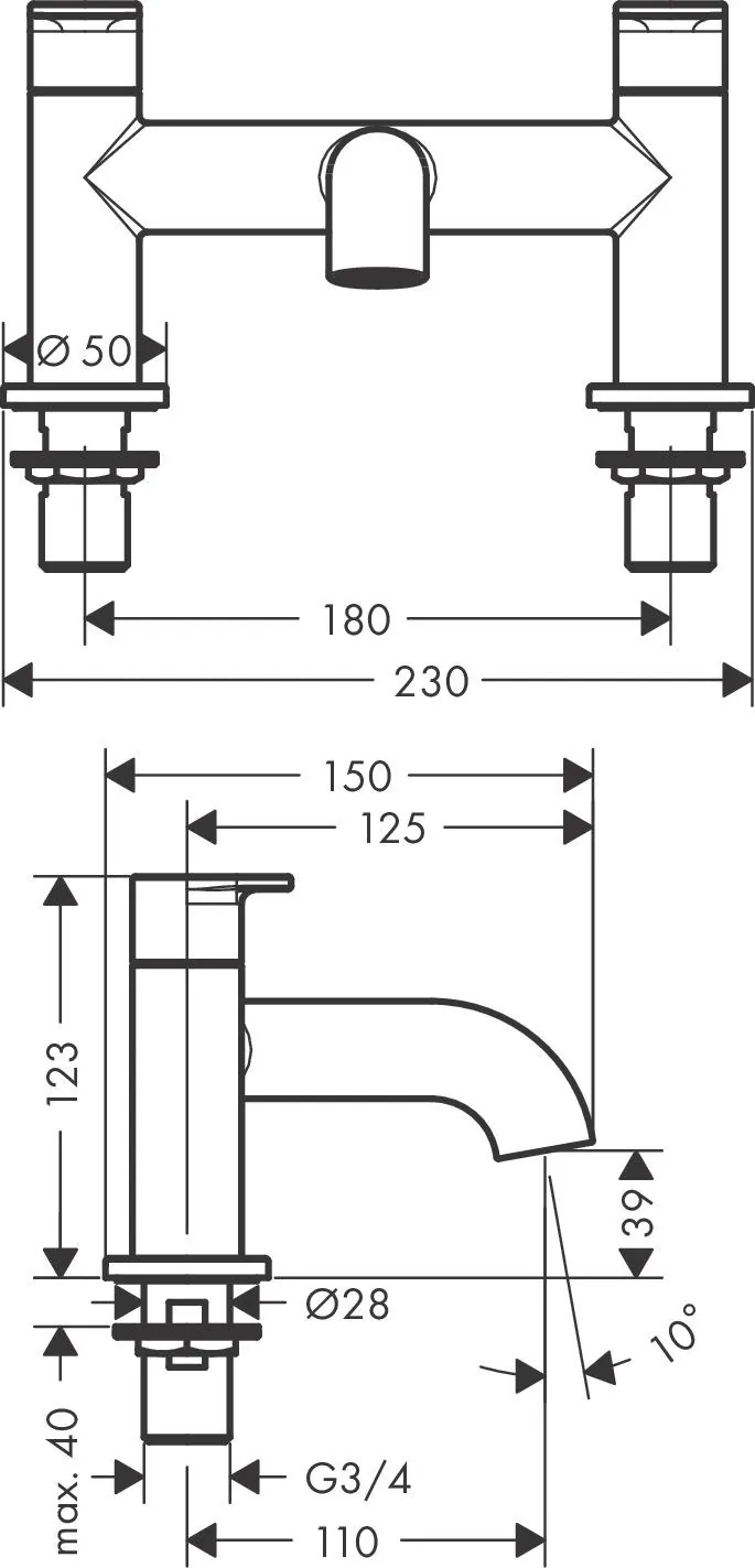 Габаритная схема Смеситель Hansgrohe Vernis Blend 71442670 на борт ванны