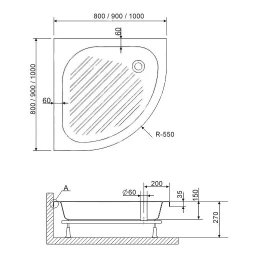 Габаритная схема Поддон для душа RGW Acryl BP/CL-S-A 80x80