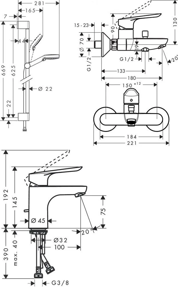 Габаритная схема Душевой комплект Hansgrohe Logis E CS00053214