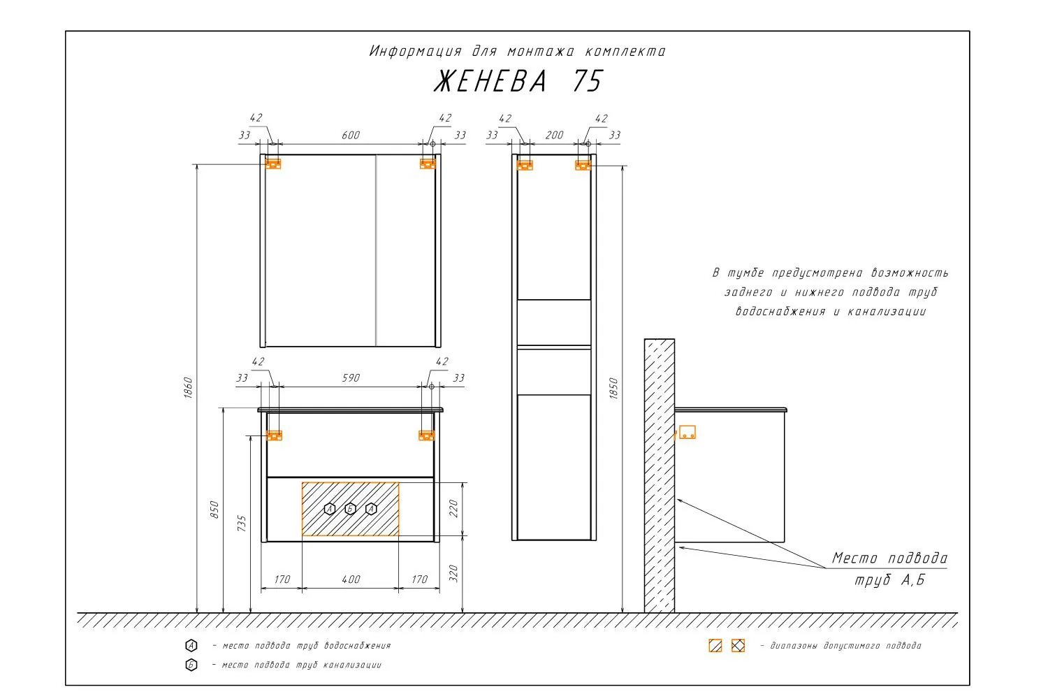 Габаритная схема Тумба с раковиной Comforty Женева 75 дуб белый
