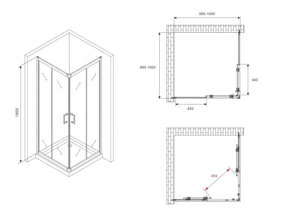 Габаритная схема Душевой уголок Abber Schwarzer Diamant AG02100B5 100x100