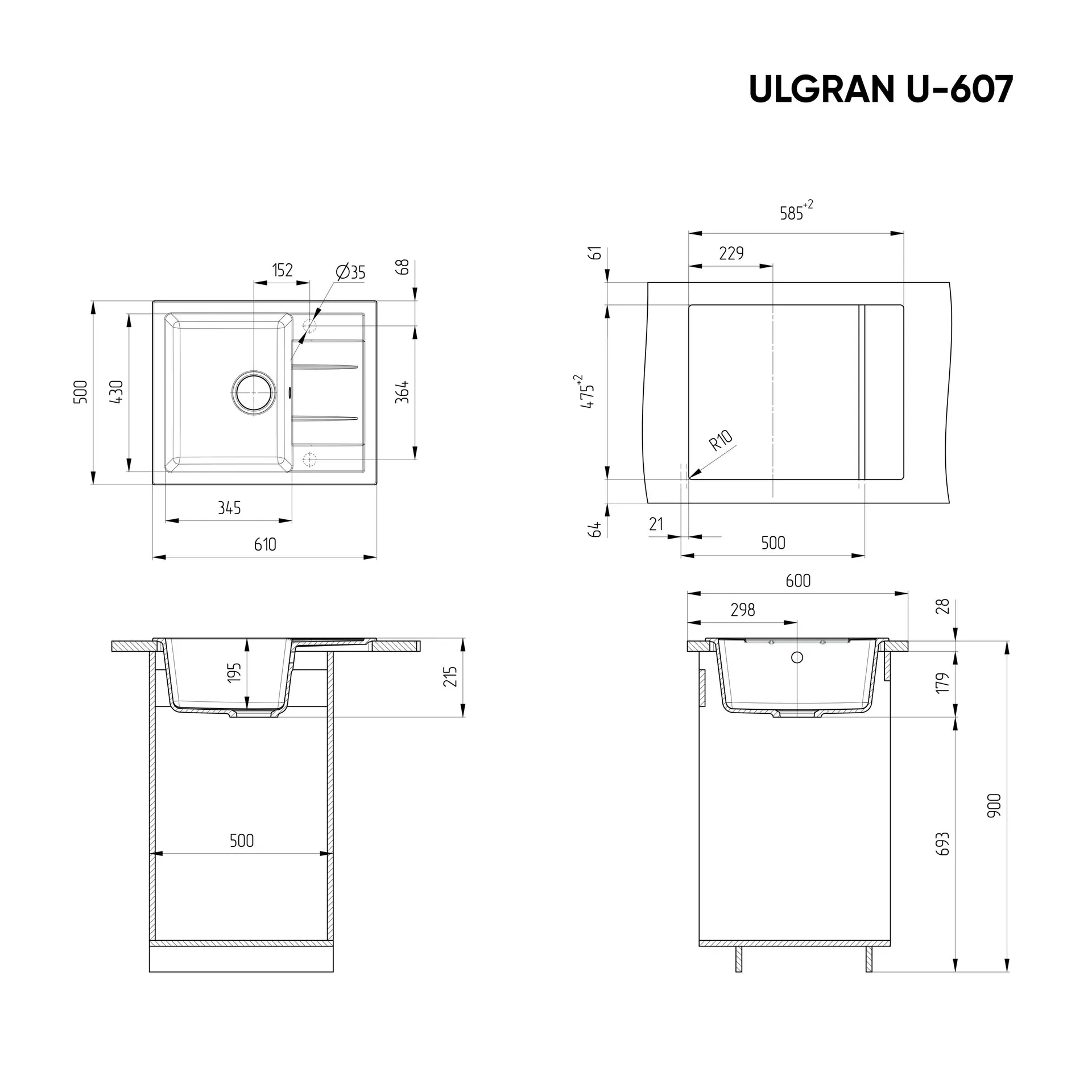 Габаритная схема Мойка кухонная Ulgran U-607-328 бежевый