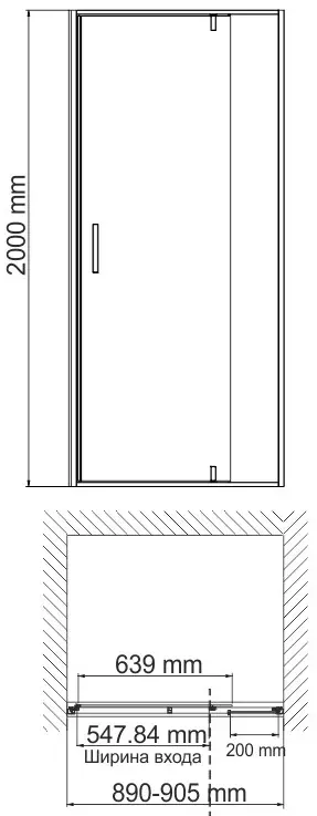 Габаритная схема Душевая дверь в нишу Wasserkraft Neime 19P04 90 см