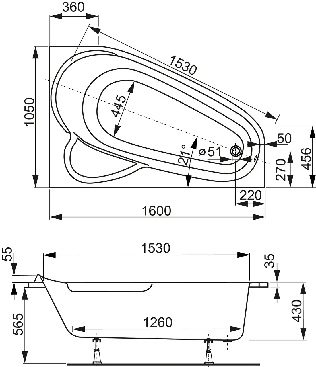 Габаритная схема Акриловая ванна Vagnerplast Selena 160х105 R