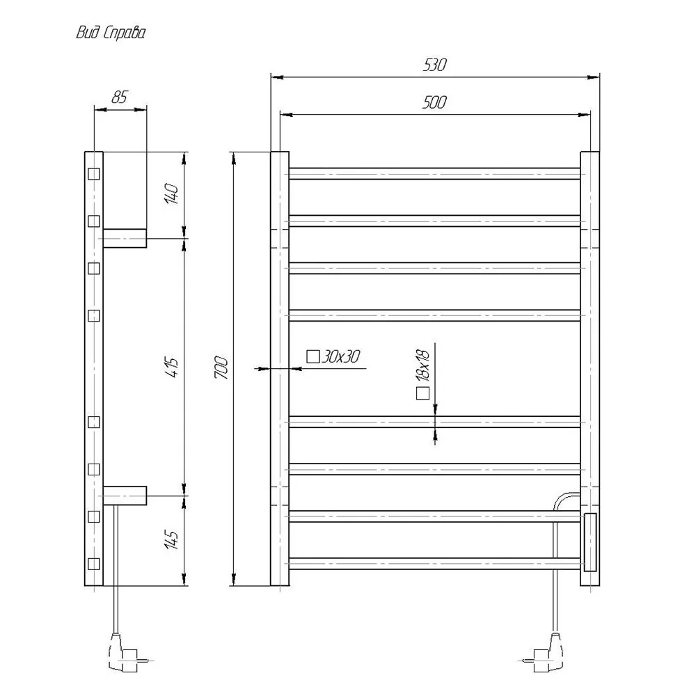 Габаритная схема Полотенцесушитель электрический Domoterm Квадро П8 50x70
