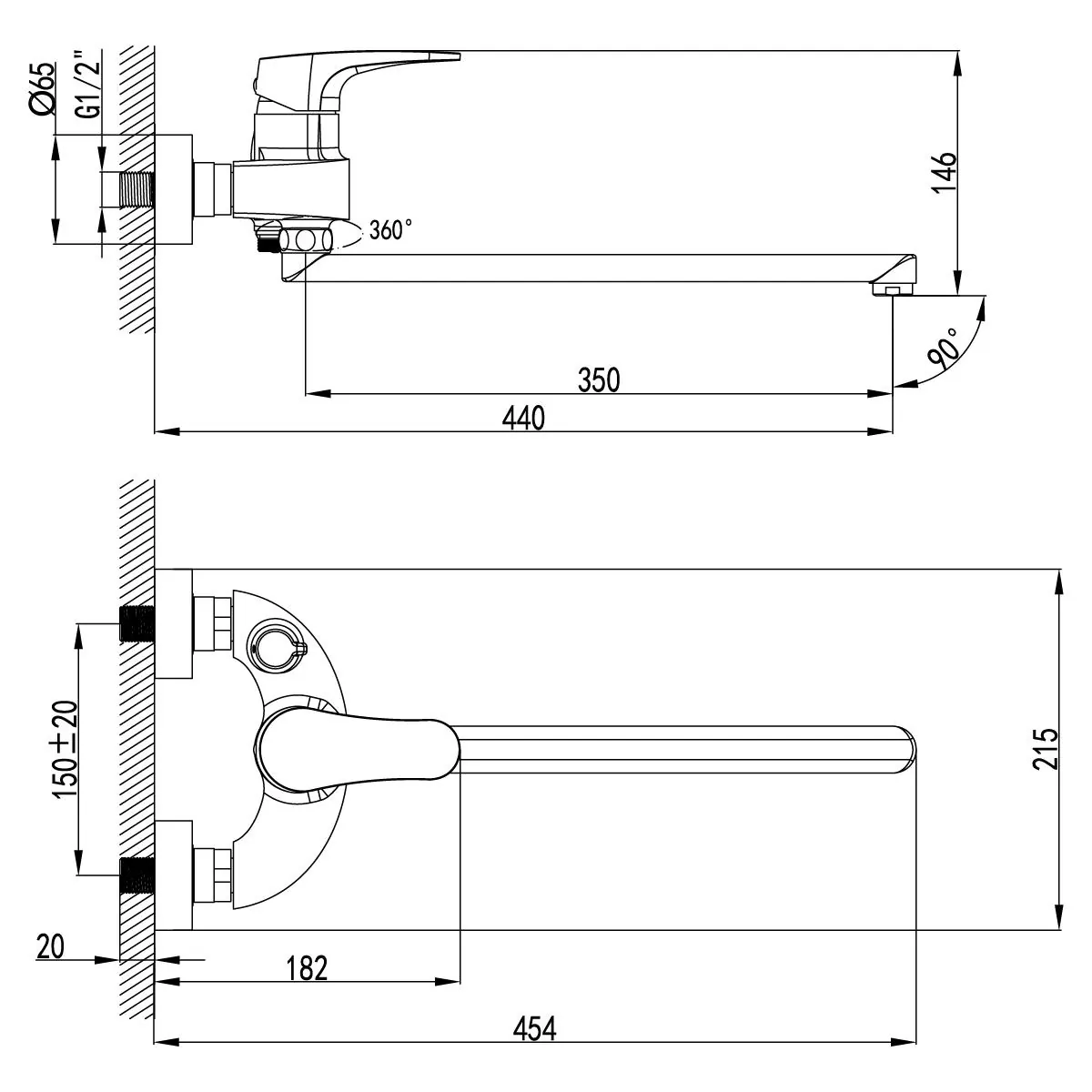 Габаритная схема Смеситель Lemark Shift LM4317C для ванны с душем