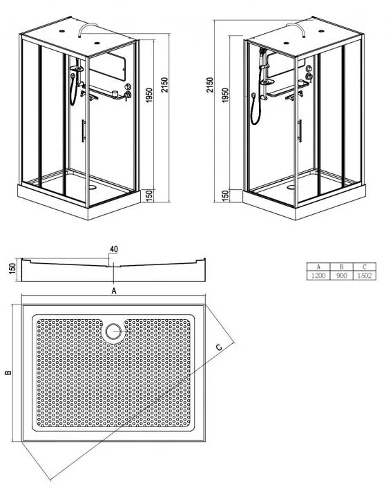 Габаритная схема Душевая кабина Esbano ESG-3129CKR