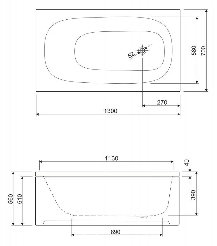 Габаритная схема Акриловая ванна Cezares Eco 130-70-40 130х70