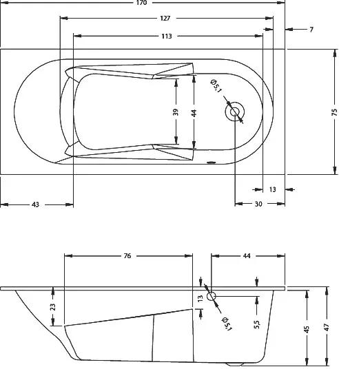 Габаритная схема Акриловая ванна Riho Bathtubs Lazy 170х75 R