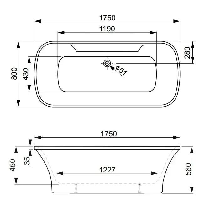 Габаритная схема Акриловая ванна Vagnerplast Blanca WT VPBV175BLA7WTX-04 175х80