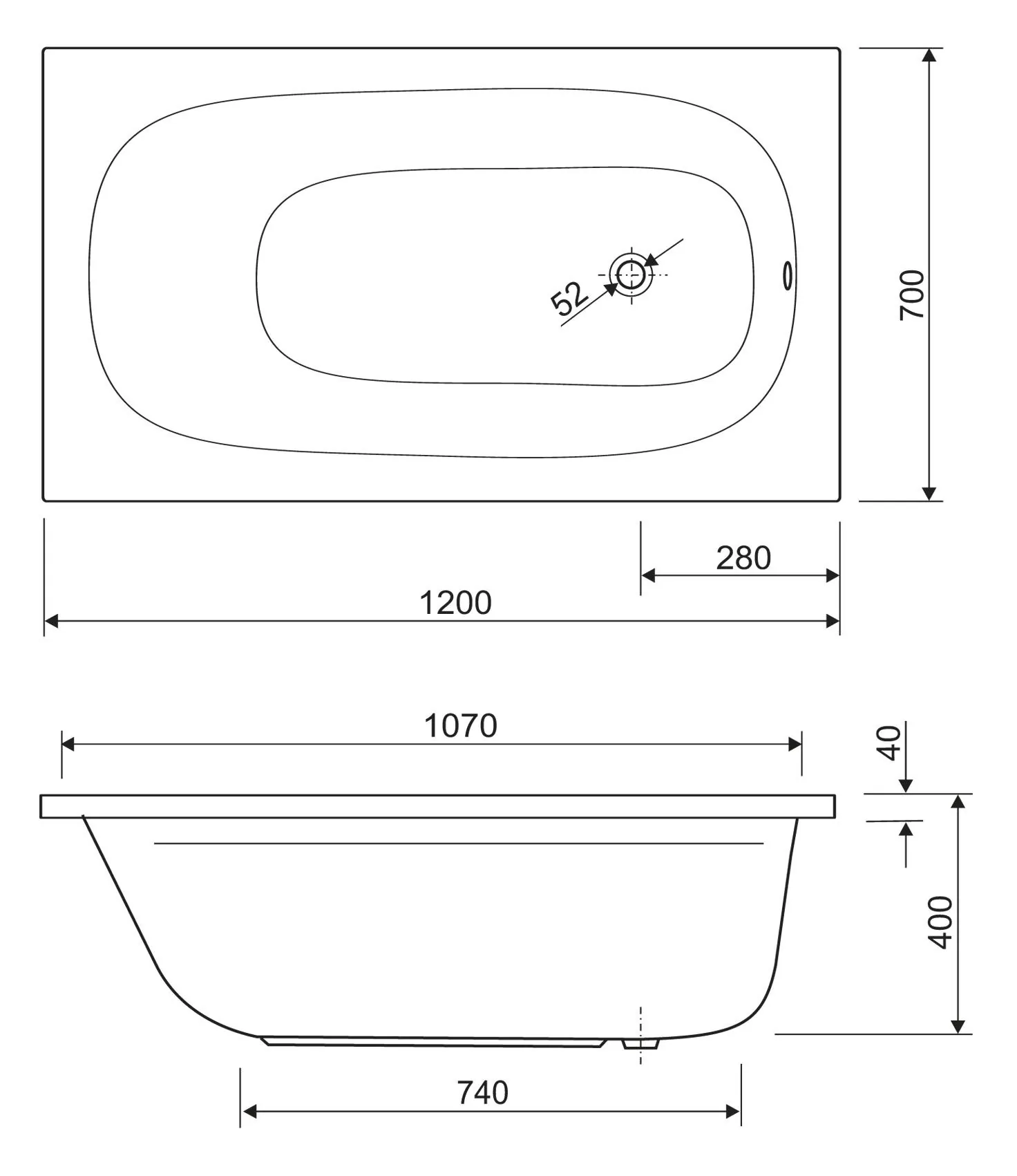 Габаритная схема Акриловая ванна Cezares Eco 120-70-40 120х70