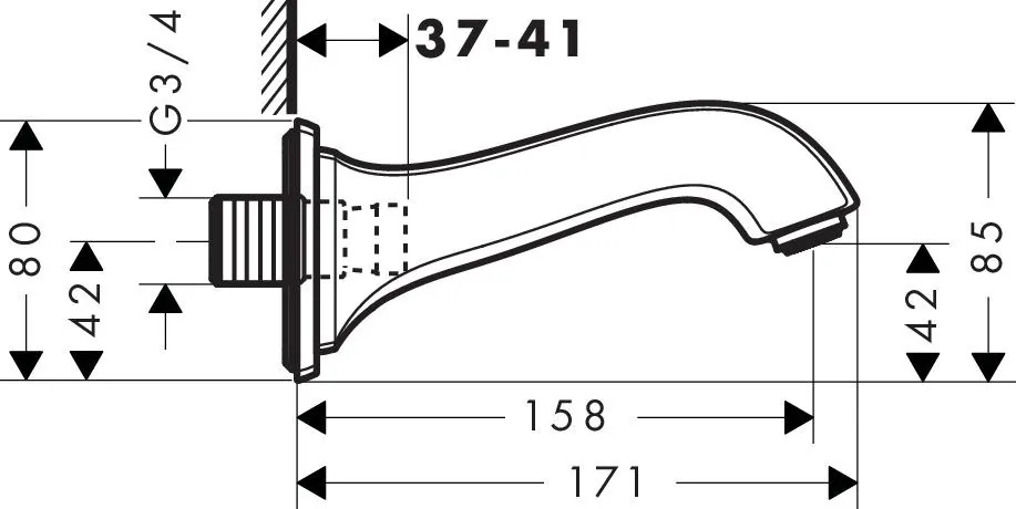 Габаритная схема Излив Hansgrohe Metropol Classic 13425000 для ванны