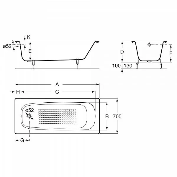 Габаритная схема Чугунная ванна Roca Continental 100x70