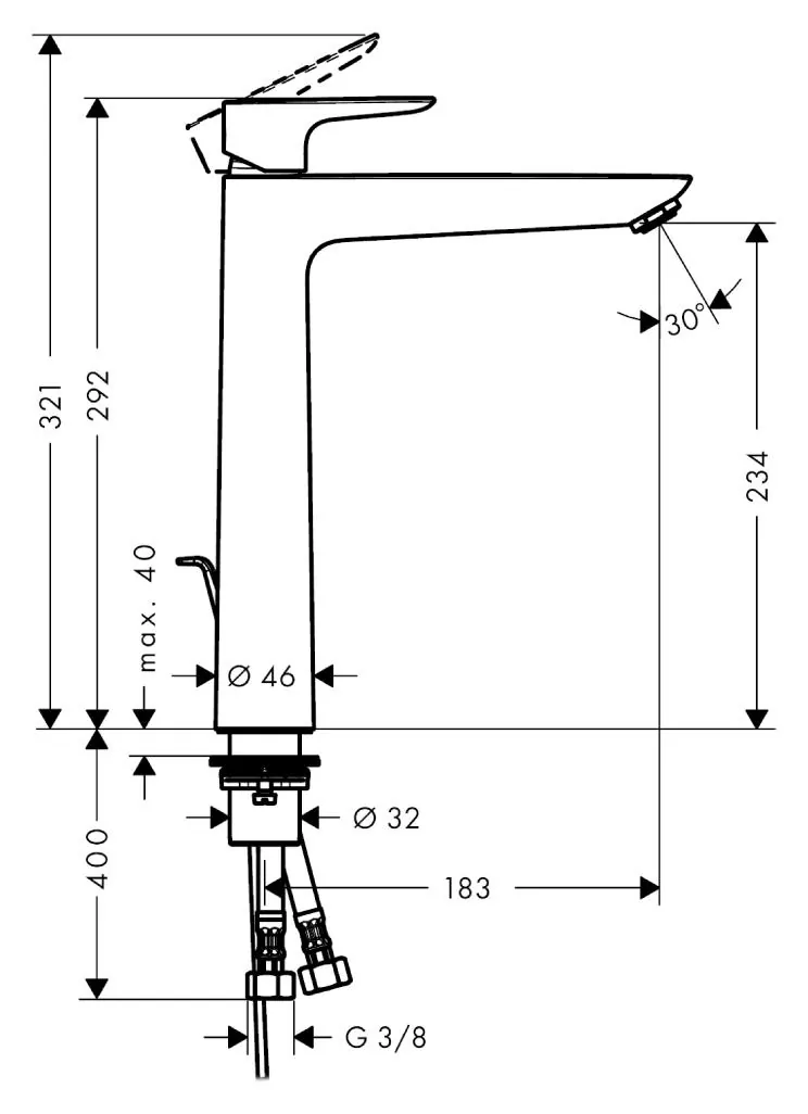 Габаритная схема Смеситель Hansgrohe Talis E 71716000 для раковины