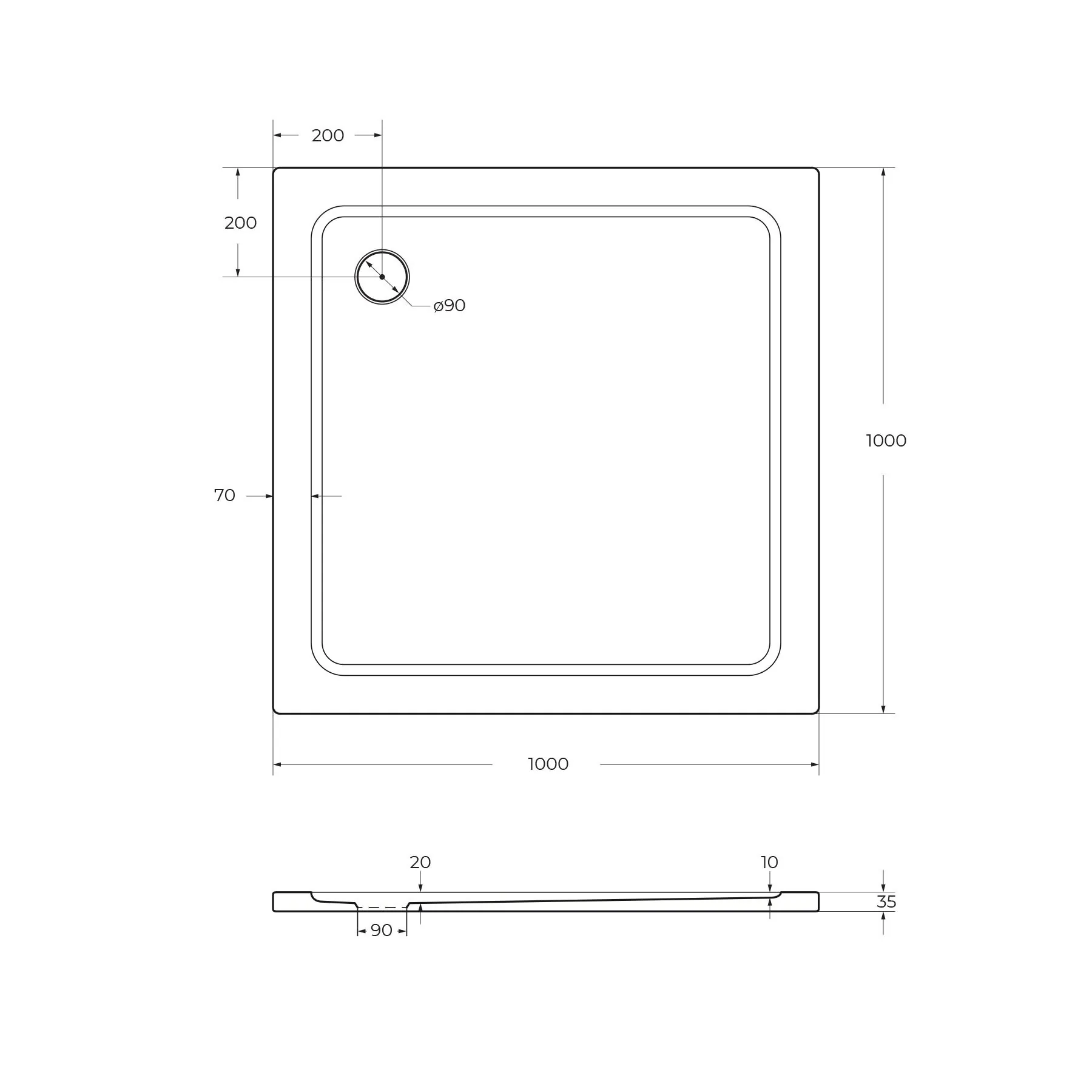 Габаритная схема Поддон для душа Cezares TRAY-M-A-100-35-W
