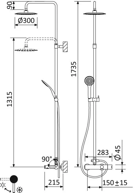 Габаритная схема Душевая стойка Cezares Leaf CVDA-30-L-01