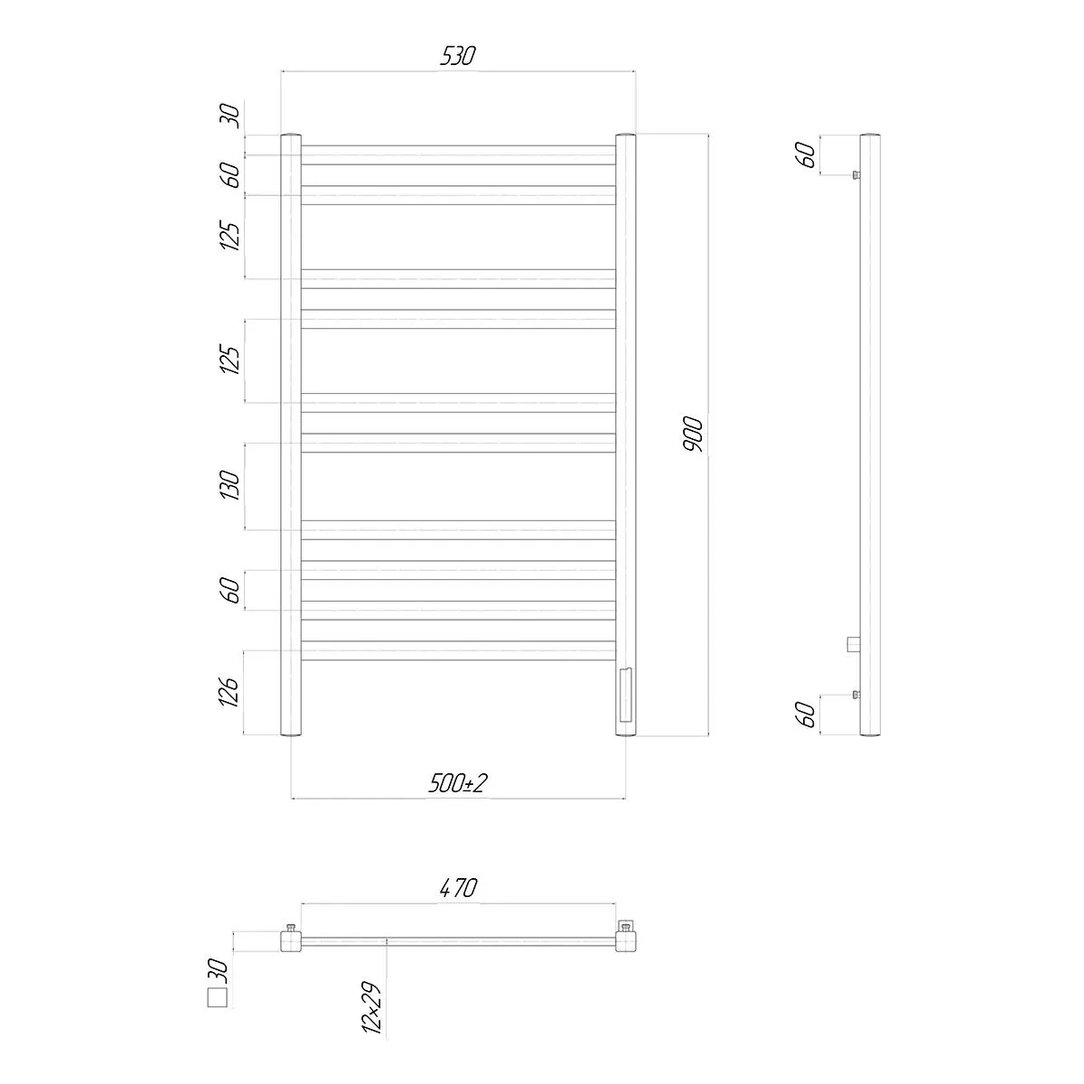 Габаритная схема Полотенцесушитель электрический Lemark Melange П10 50x90