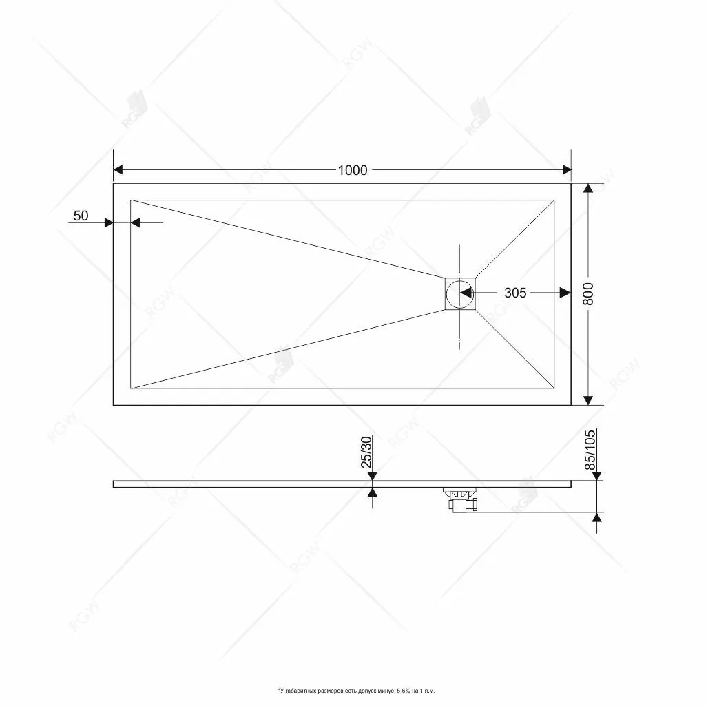 Габаритная схема Поддон для душа RGW Stone Tray ST-Tr 100x80