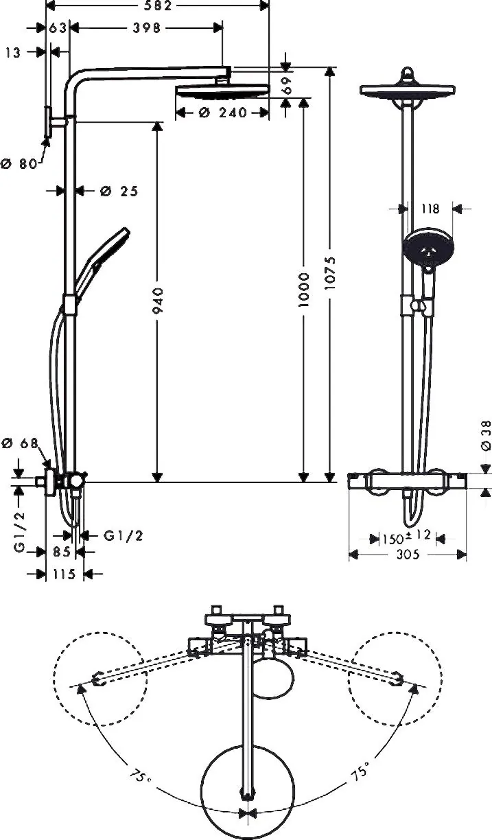 Габаритная схема Душевая стойка Hansgrohe Raindance Select S 27129400