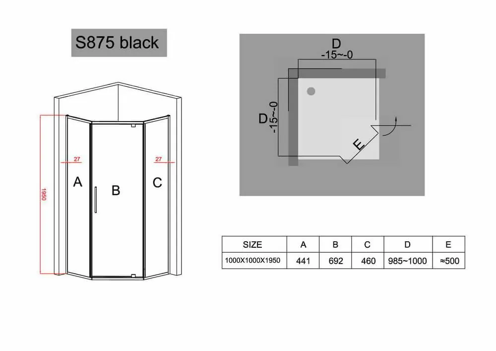 Габаритная схема Душевой уголок Black&White Stellar Wind S875 100х100 см