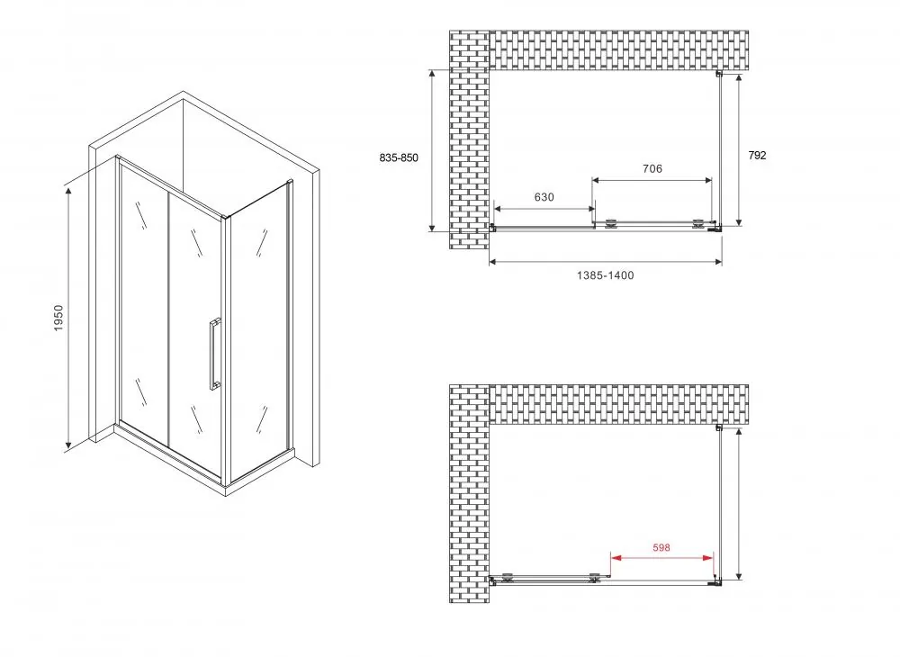 Габаритная схема Душевой уголок Abber Schwarzer Diamant AG30140MH-S85M 140x85