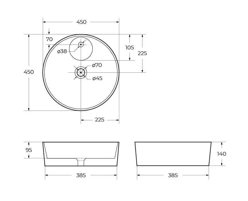 Габаритная схема Раковина BelBagno BB1306 45 см