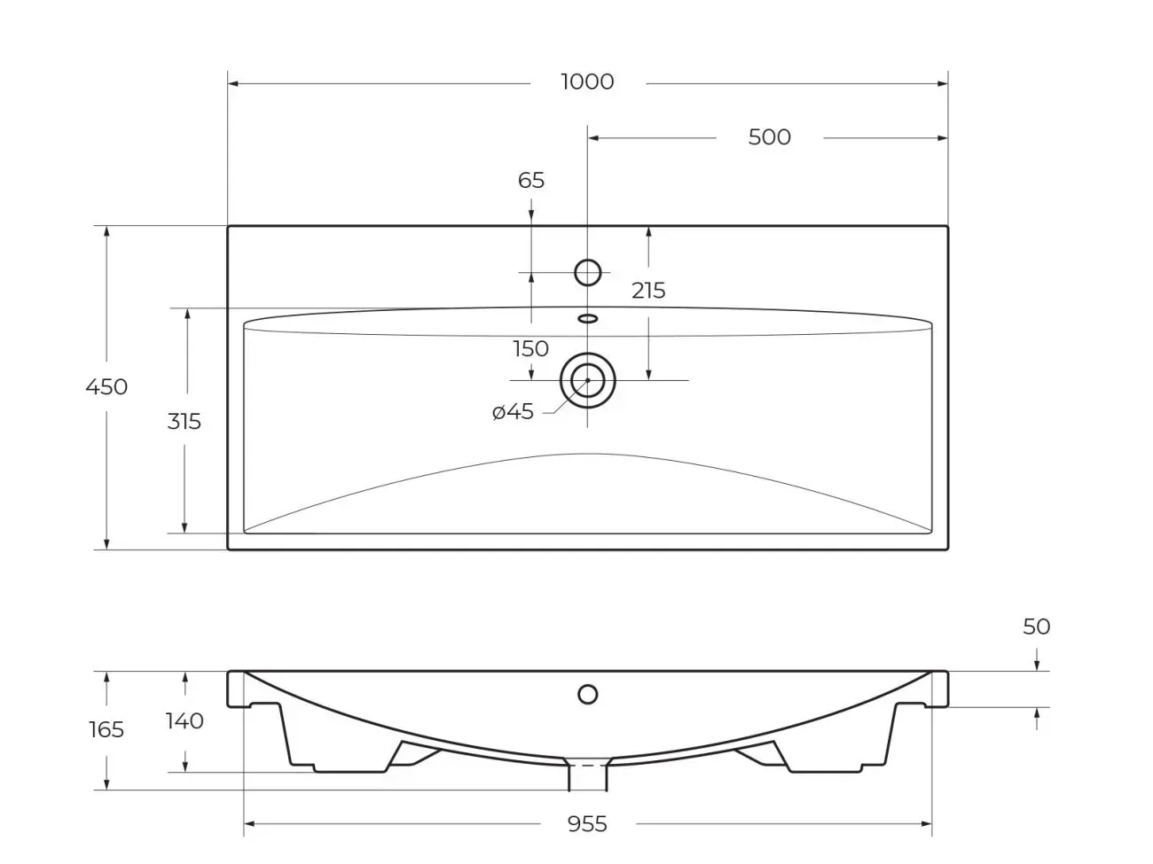 Габаритная схема Мебельная раковина BelBagno BB-0324-100-LVB 100 см