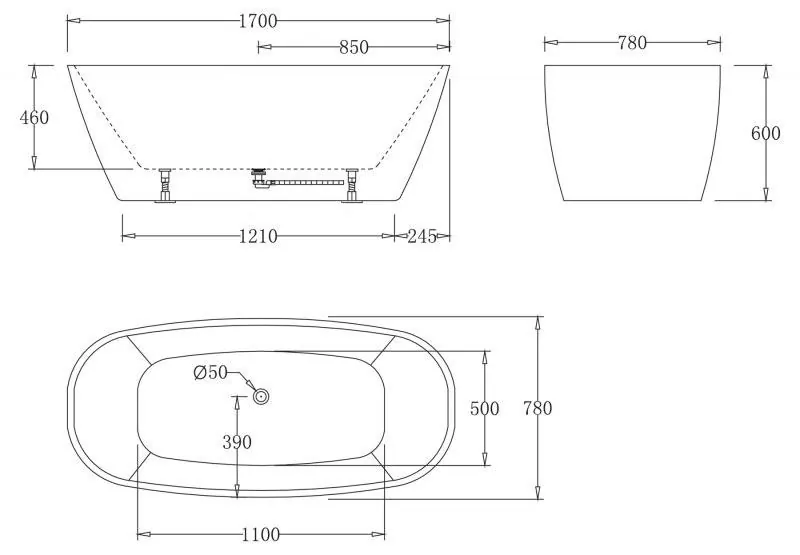 Габаритная схема Акриловая ванна BelBagno BB72-1700-W0 170х78