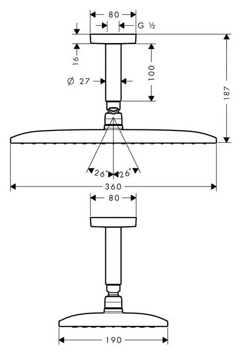 Габаритная схема Верхний душ Hansgrohe Raindance E 27381000