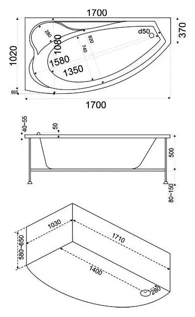 Габаритная схема Акриловая ванна Bas Николь В 00027 170х110 L