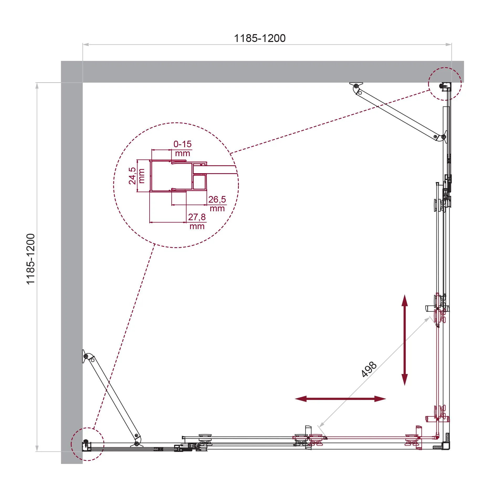 Габаритная схема Душевой уголок BelBagno Luce A-22-90+30-C-Cr