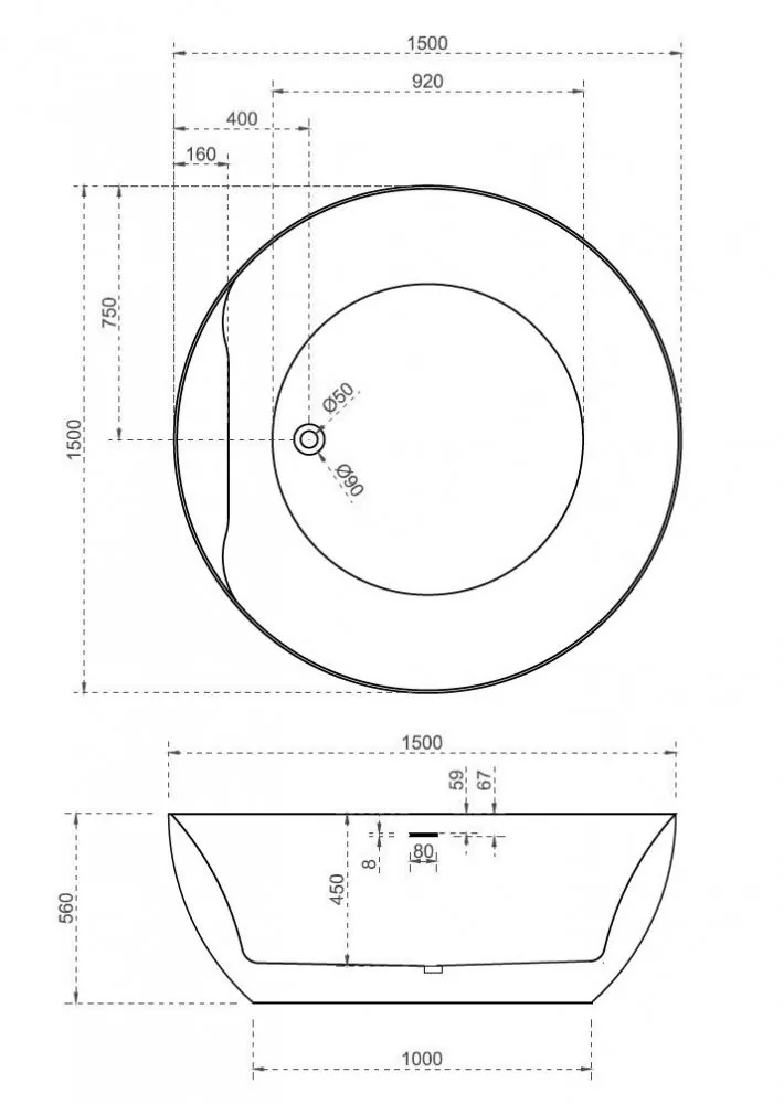Габаритная схема Акриловая ванна Abber AB9280 150х150