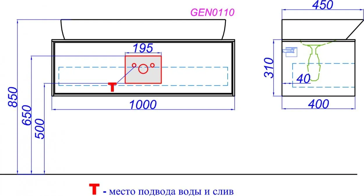 Габаритная схема Тумба с раковиной Aqwella 5 stars Genesis 100 миллениум серый